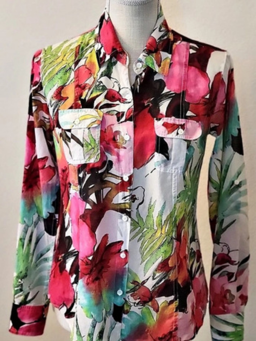 Tommy Bahama Womens XS Silk Blend Tropical Floral Shirt Roll Tab Sleeve Pockets